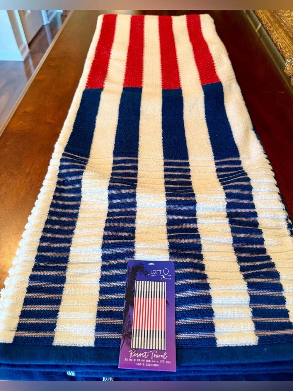 Loft by Loftex Resort Beach Towel 35x70 Red White Blue Striped 100% Cotton NWT
